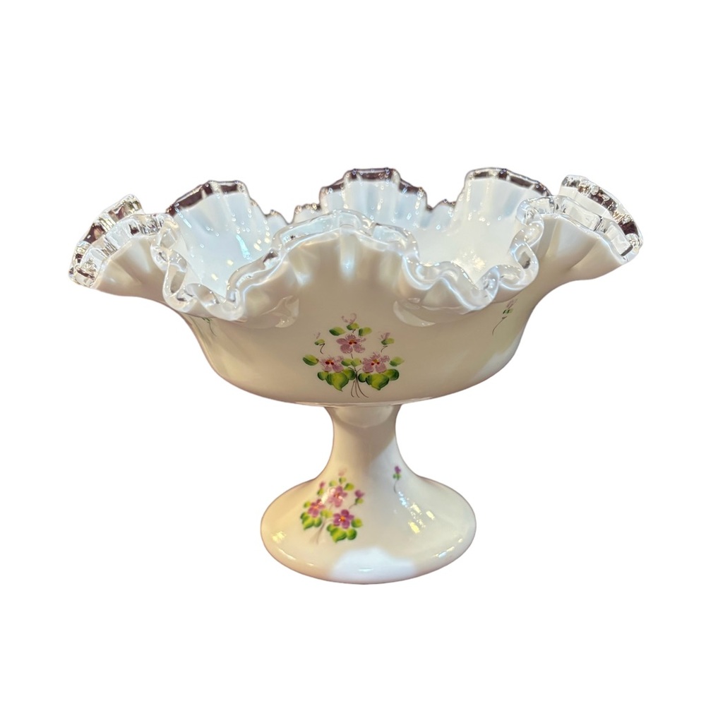 Vintage Fenton 6" Tall Silver Crest Violets in the Snow Compote
